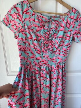 eshakti Aqua Dress with Pink Flamingo Print and Front Bow Details